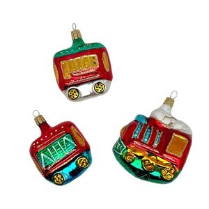 Set of 3 Glass Train Christmas Tree Ornaments with Glitter Detailing
